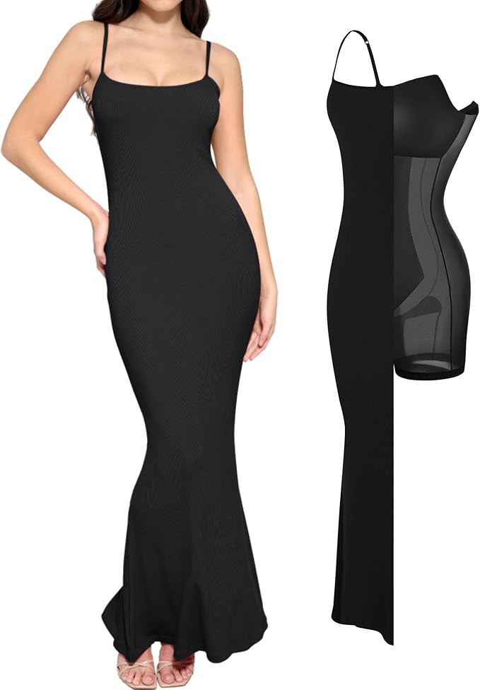 Popilush Shapewear Dress Womens Summer Long Dresses Built-in Bra Slip Bodycon Maxi Dress with Adj... | Amazon (US)