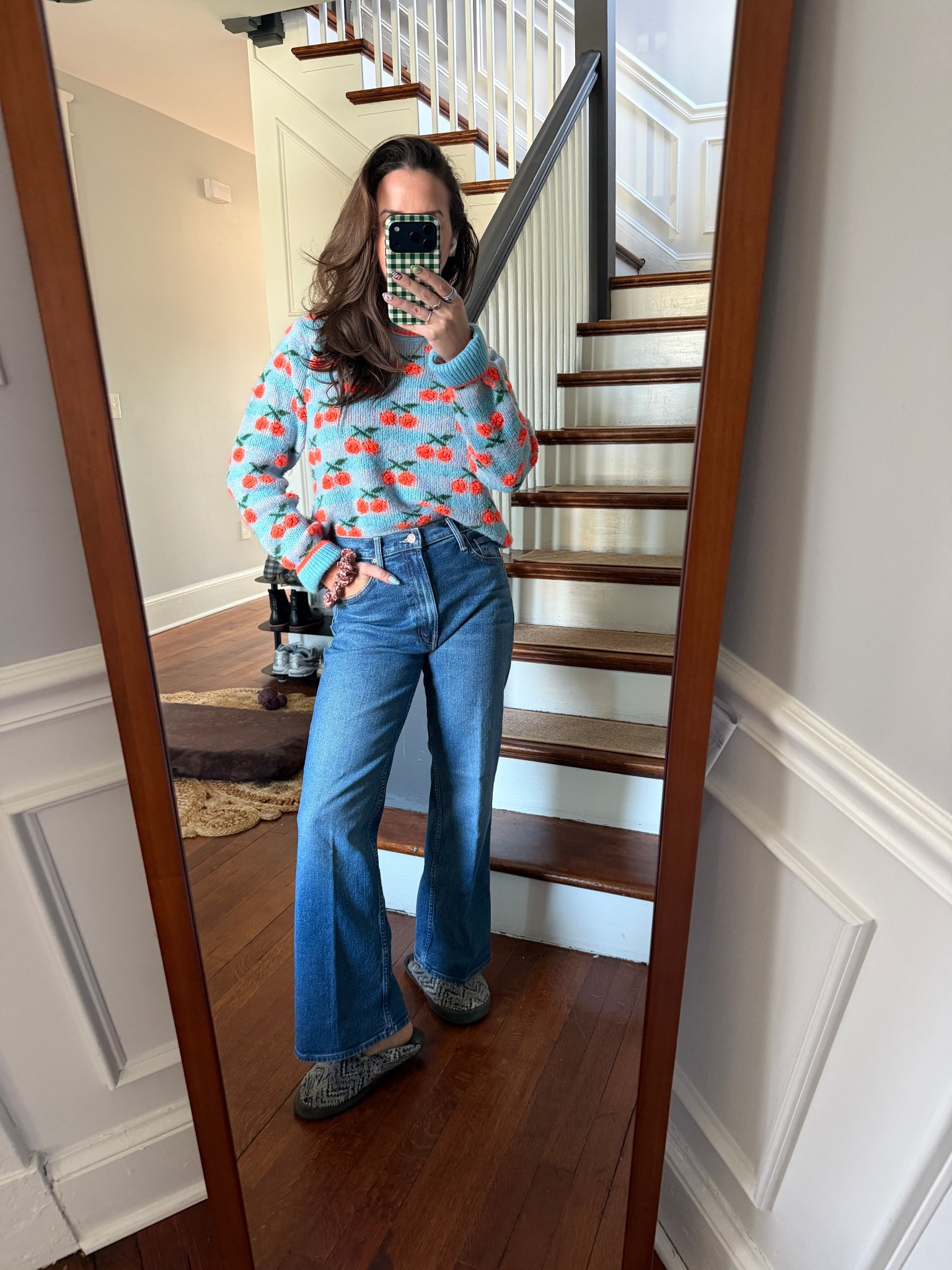 Comfy work from outfit with a colorful sweater and petite flare mother jeans. 

Nuuly. Essential Antwerp. Cherry sweater. Colorful sweater. Flare jeans. Light wash jeans. Mother denim. WFH.

#LTKPetite #LTKSeasonal #LTKootd