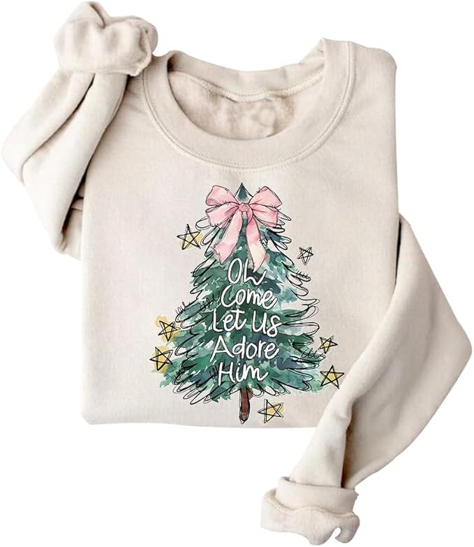 Amazon.com: DIOMMELL Oh Come Let Us Adore Him Sweatshirt Cute Christmas Tree Sweatshirt For Women... | Amazon (US)