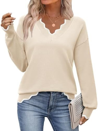 Zeagoo Women's 2026 Fall V Neck Sweater Casual Long Sleeve Lightweight Ribbed Knit Pullover Sweat... | Amazon (US)