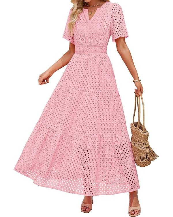 ZESICA Women's 2025 Summer Short Sleeve Maxi Dress Casual V Neck Hollow Out Eyelet Ruffle Swing A... | Amazon (US)