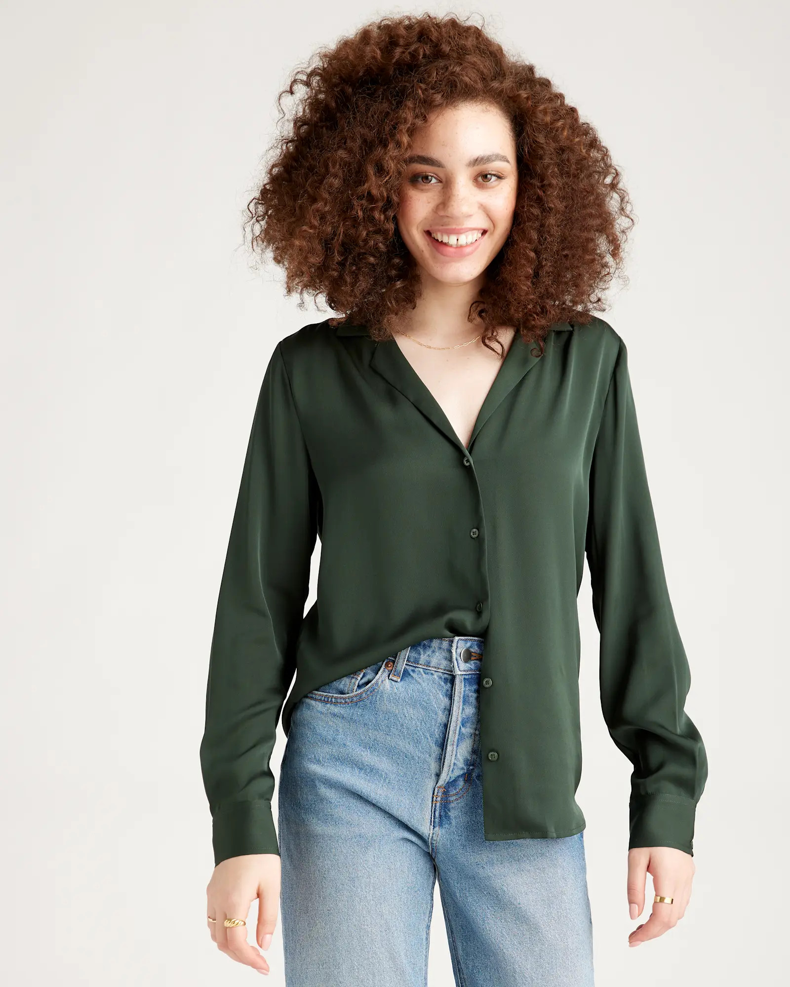 Washable Stretch Silk Notch Collar Blouse | Quince in Forest Green | Quince