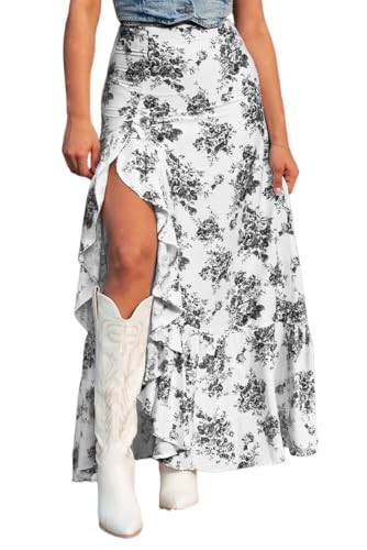 Pinclodly Summer Clothes for Teen Girls Boho Skirts Ruffle Flowy Maxi Floral Skirt Teens High Waisted Slit Long Skirt | Amazon (US)