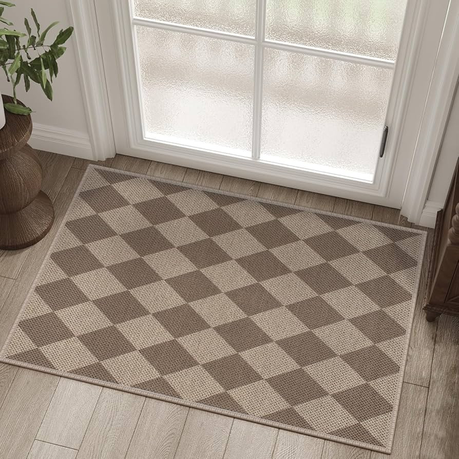 Easy Jute Checkered Entryway Rug, 2x3 Brown Modern Indoor Outdoor Doormat, Washable Non-Slip Neut... | Amazon (US)