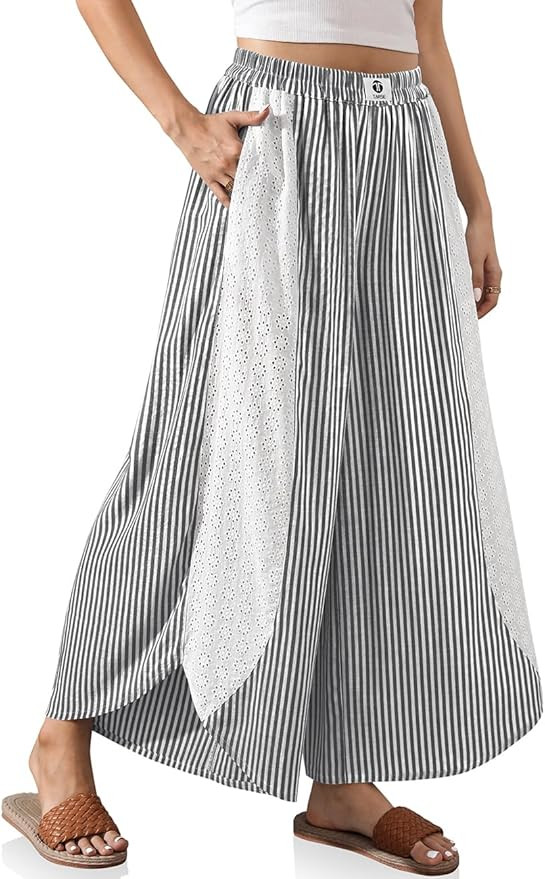 TARSE Womens Wide Leg Striped Boho Palazzo Pants with Lace Panel Summer Loose Elastic Waist Beach... | Amazon (US)