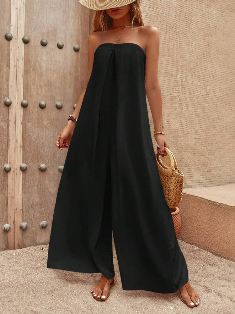 SHEIN LUNE Solid Wide Leg Tube Jumpsuit | SHEIN