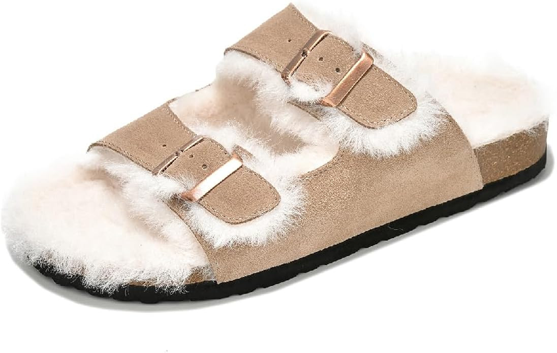 Project Cloud Women's Genuine Suede Shearling Sandals - Adjustable Double Strap Eva Wedge with Fu... | Amazon (US)