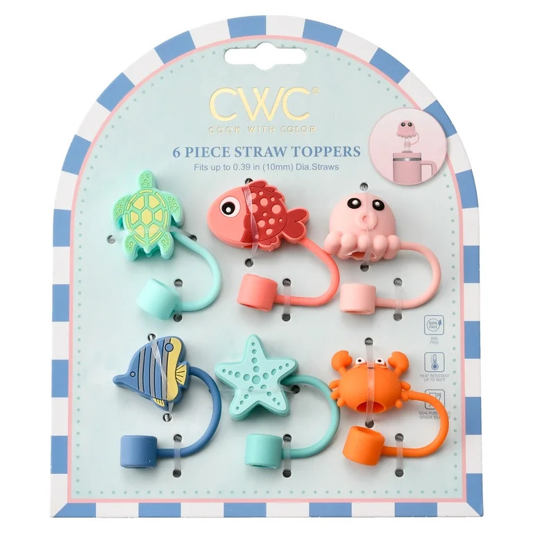 Cook With Color 6-Piece Silicone Straw Topper Set, Reusable Universal Straw Covers, Sea Life | Walmart (US)