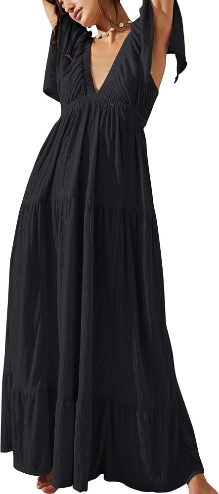 Summer Backless Maxi Dresses for Women 2024 Sexy V-Neck Tiered Silhouette Flowy Long Dress | Amazon (US)