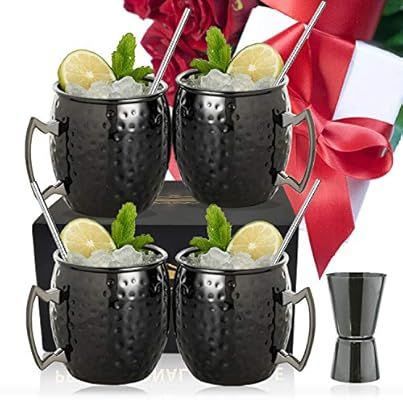 Moscow Mule Mug – Set of 4 with 1/0.5oz Double Jigger, Black Plated Stainless Steel Mug 18oz, P... | Amazon (US)