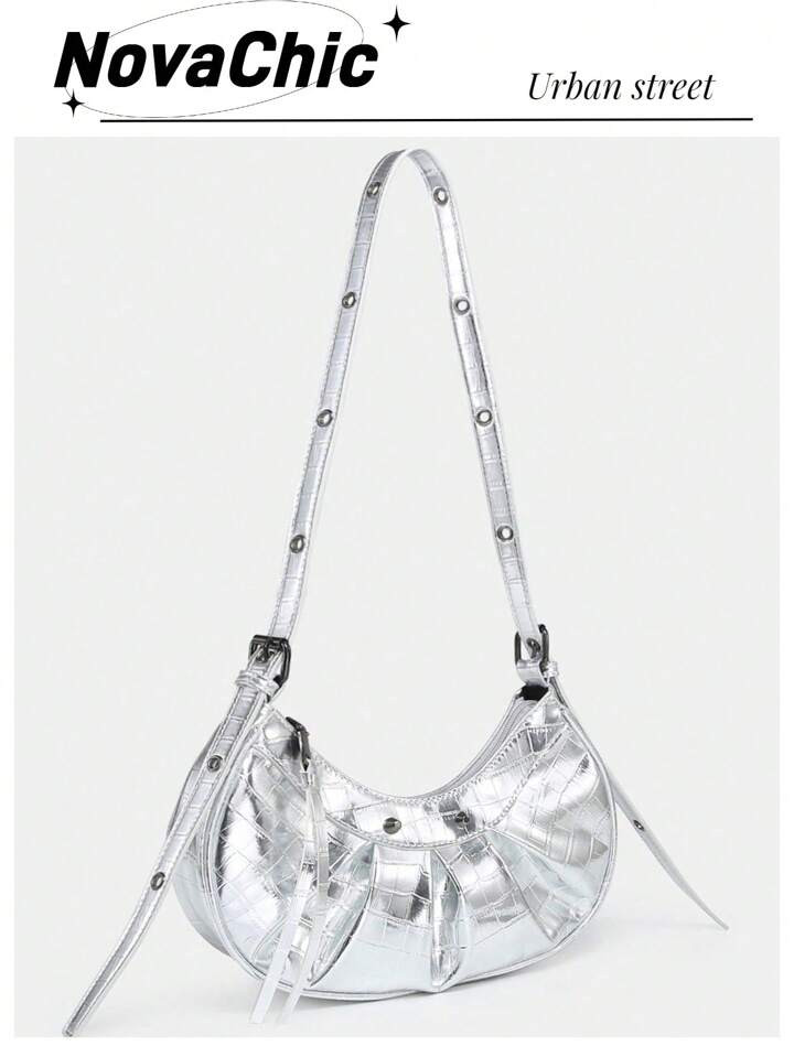 Lightweight,Business Casual Crocodile Embossed Ruched Bag Metallic PU Studded Decor For Teen Girl... | SHEIN