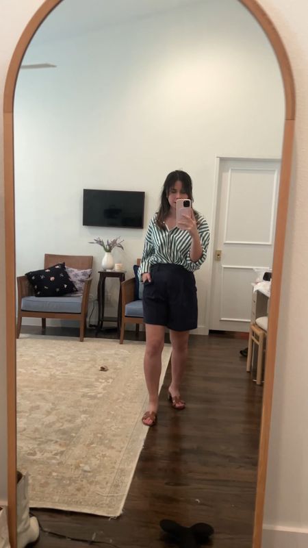 Spring outfit, Navy tailored shorts, Abercrombie high waisted shorts, green button down, the Frankie shop, Hermes sandals, petite style, petite outfit 