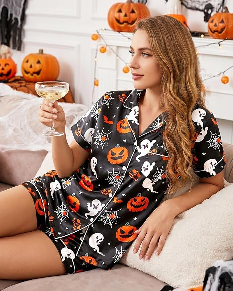 I love how fun this Halloween PJ set is without being too over the top. 🎃👻 The black satin-look fabric with orange pumpkins, ghosts, stars, and spiderwebs gives it such a cute spooky-season vibe. So good for girls’ night, Halloween parties at home, movie marathons, or a cozy October weekend.
#HalloweenPajamasWomen #AmazonHalloween #PumpkinPajamas #GhostPajamas #SatinPajamas #SpookySeasonStyle #HalloweenPJs #AmazonPajamas #OctoberStyle #HalloweenNight #FallLoungewear #CutePJs 

 #LTKSeasonal #LTKU #LTKSaleAlert