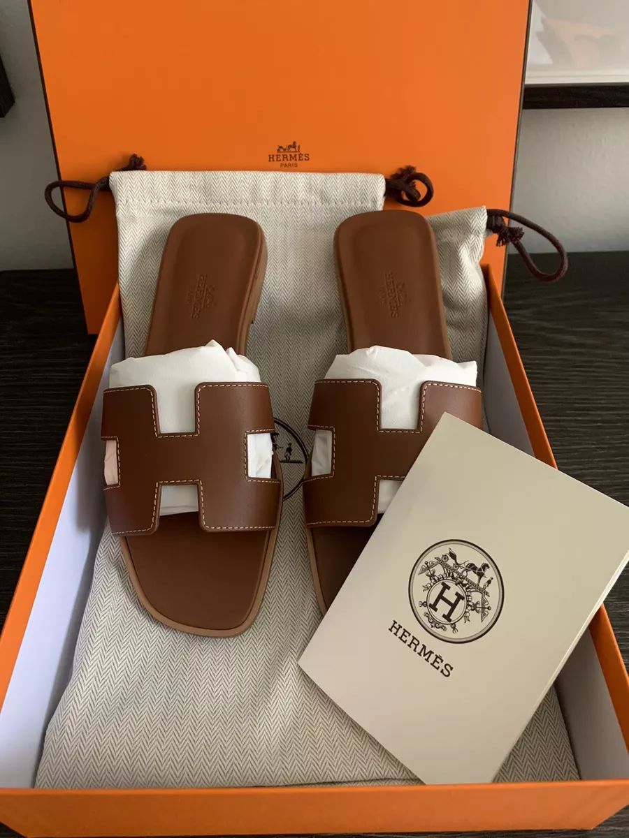 NEW IN BOX Hermès Oran Sandals In Gold (aka Brown), Box Calf, Size 37 | eBay US