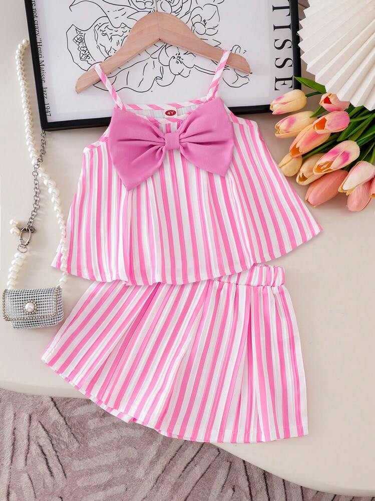 Elladie kids Young Girls Pink Striped Camisole Top And Pink Bow Adorable Sweet Set, Comfortable D... | SHEIN