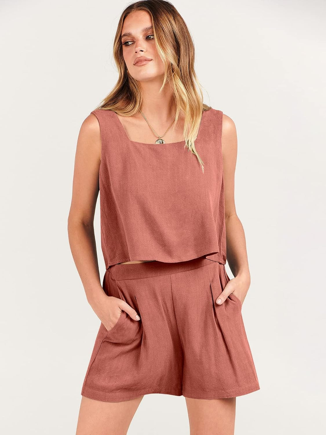 ANRABESS Womens 2 Piece Outfits Linen Square Neck Crop Short Set Lounge Matching Sets 2023 Trendy... | Amazon (US)