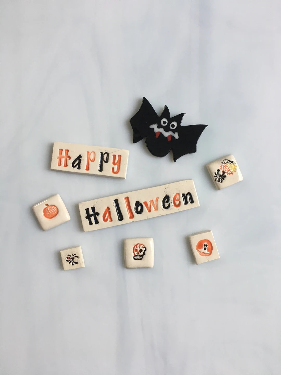 Ceramic Halloween Tiles, 8pcs, Whimsical Hand Cut and Stamped Halloween Theme Tiles, Bat Tile, Mo... | Etsy (US)