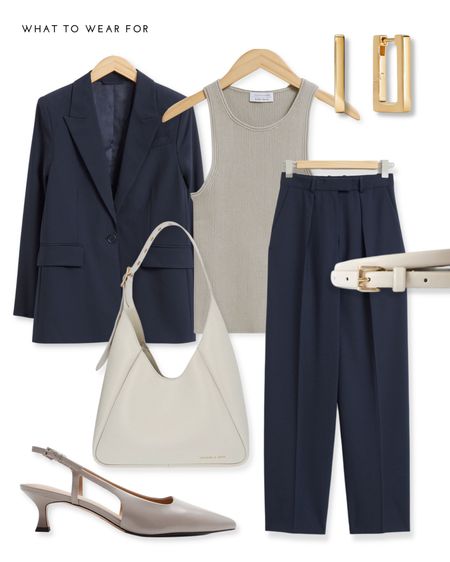 Workwear outfit inspo 

The office, navy suit, tailored trousers, blazer, white tote, sling back heels, gold hoops, smart style 

#LTKworkwear #LTKstyletip #LTKSeasonal