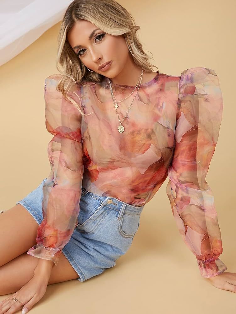 Women's Tops Casual Long Sleeve Watercolor Print Semi-Sheer Puff Sleeve Top Tee Shirt Tops | Amazon (US)