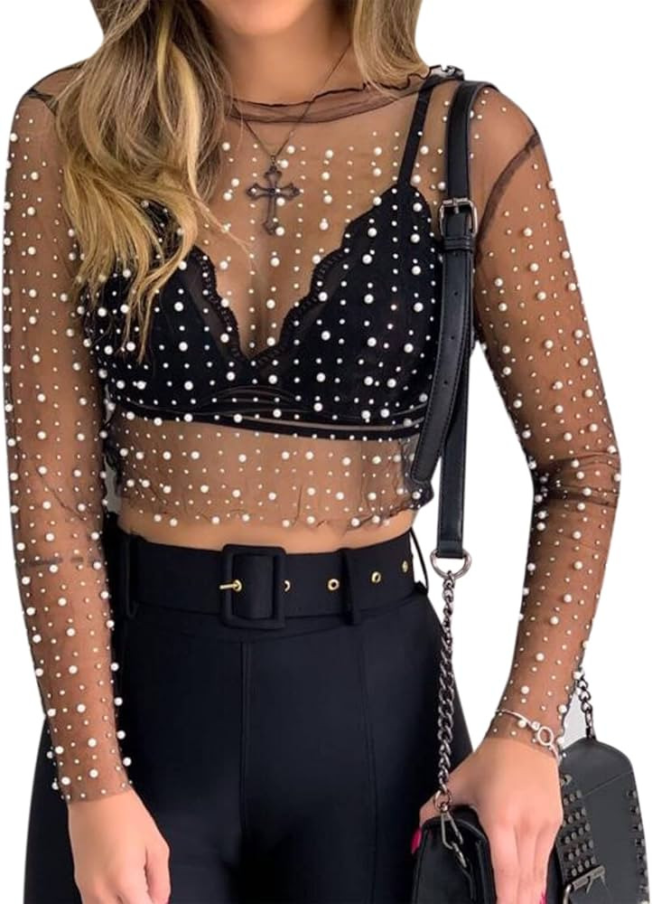 Women Sexy Pearl See Through Long Sleeve Crop Tops Mesh Sheer Rhinestone Blouse Shirts Party Club... | Amazon (US)