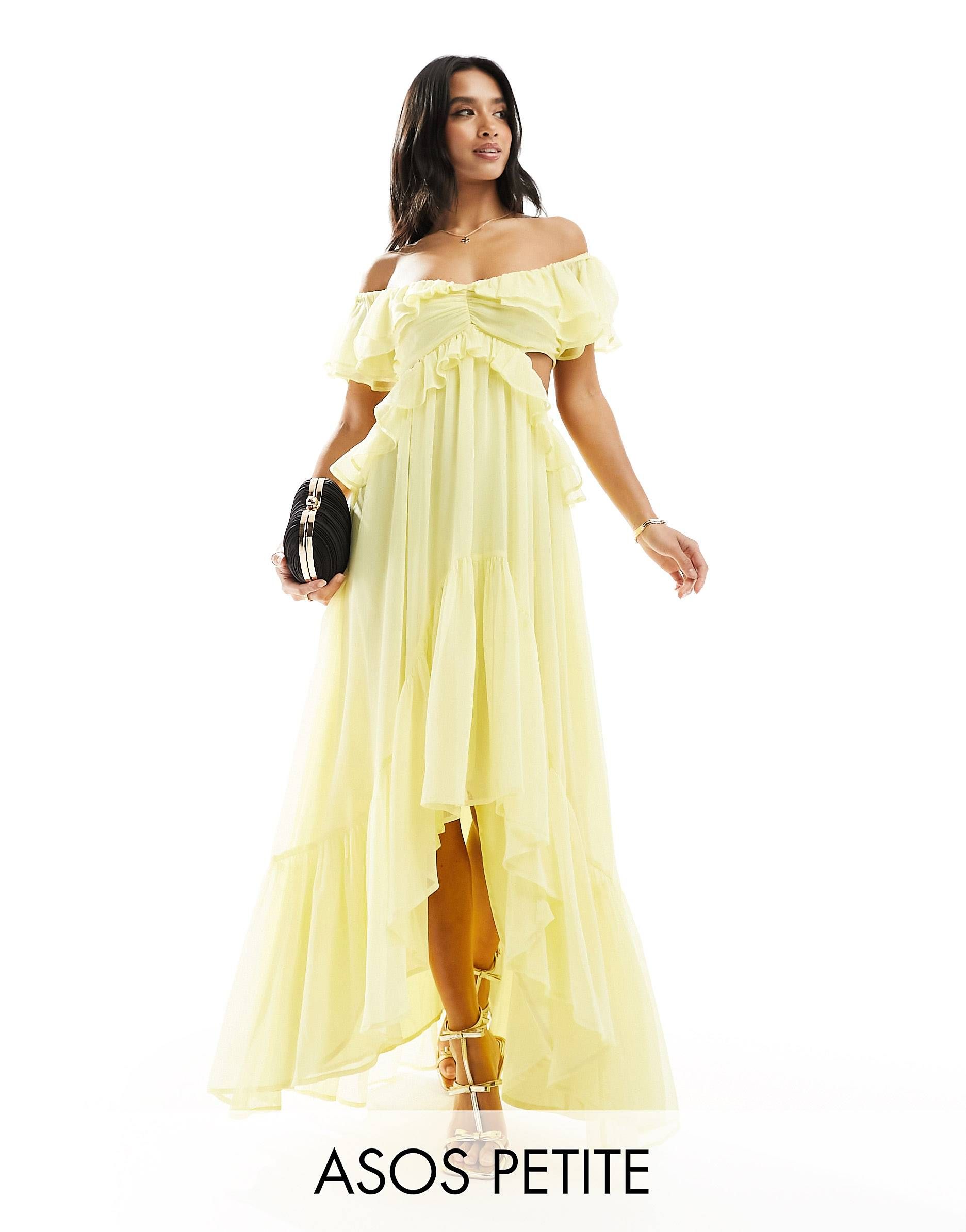 ASOS DESIGN Petite ruffle cut out off the shoulder maxi dress with hi low hem in pastel yellow | ASOS (Global)