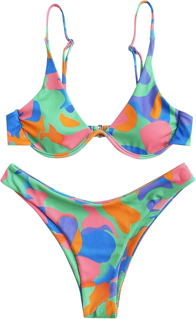 ZAFUL Womens High Cut Thong Bikini Set Swimsuits Cami String Sexy Bathing Suit | Amazon (US)