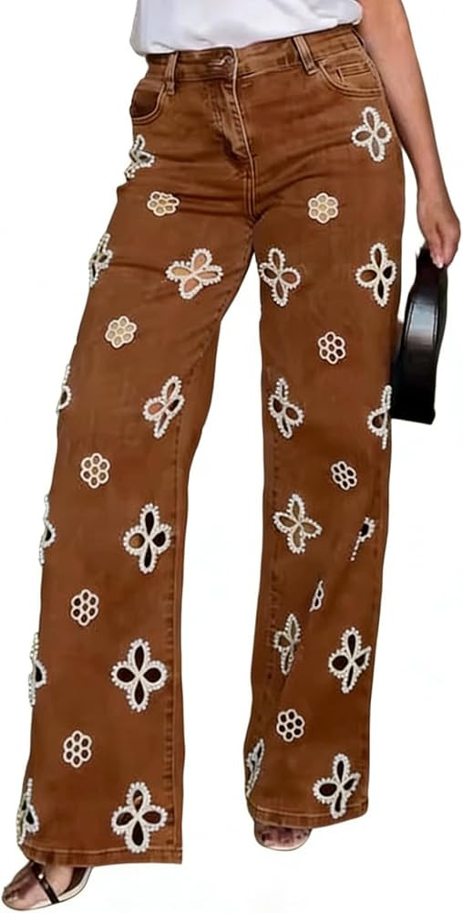 Famnbro Women Pearl Jeans Y2K Floral Sparkly Glitter Denim Pants | Amazon (US)