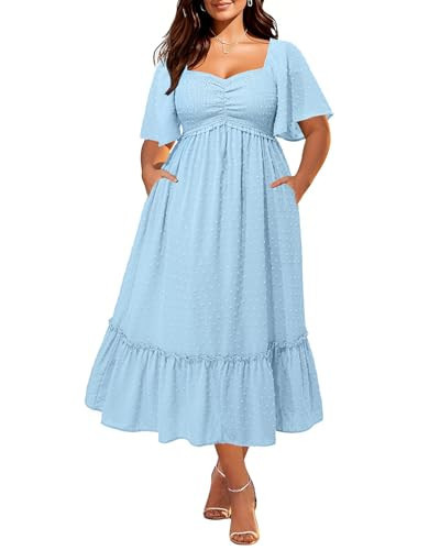 Women Plus Size Light Blue Dress Easter Maxi Summer Swiss Dot Ruffle Short Sleeve Smocked Pocket Tiered Aline Long Dress | Amazon (US)