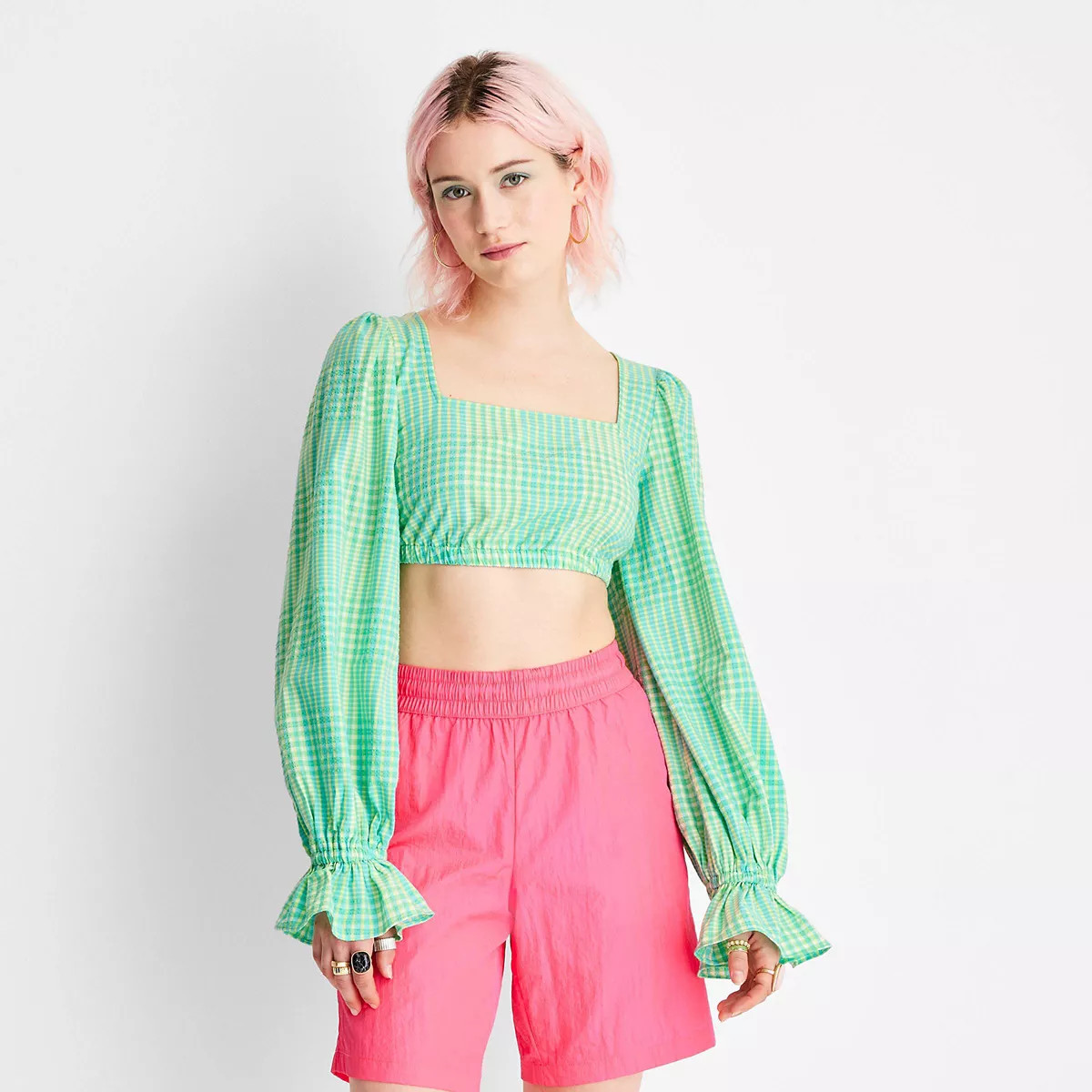 Women's Puff Long Sleeve Square Neck Plaid Crop Top - Future Collective™ with Alani Noelle Gree... | Target