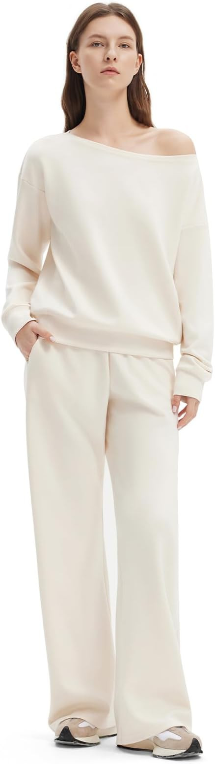 SUUKSESS Women 2 Piece Lounge Matching Set Off Shoulder Sweatshirt Wide Leg Sweatpant | Amazon (US)