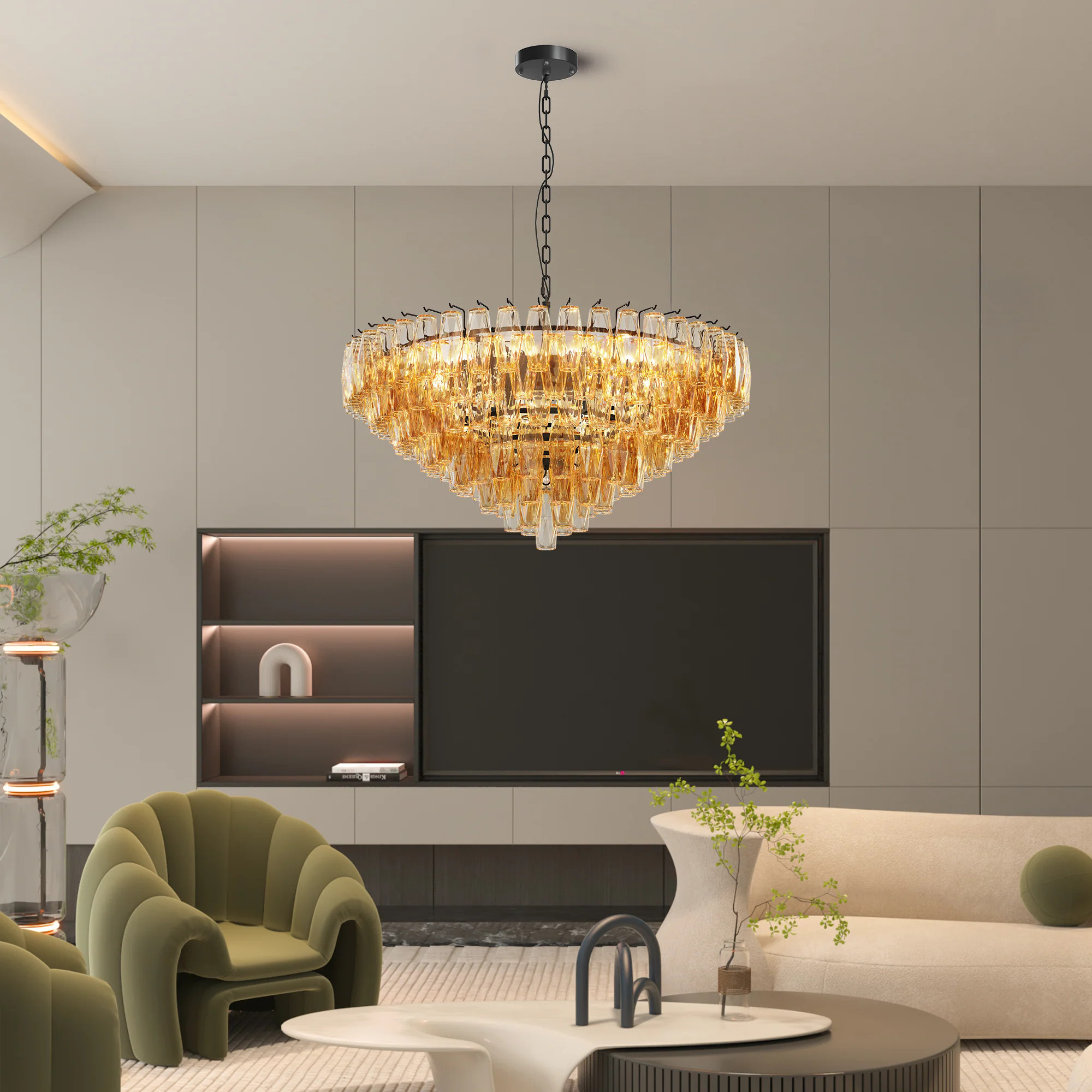 LOVMOR Modern Round Chandelier 37 inch Extra Large Black Chandeliers 14-Light with Tiered Smoke Glass Tubes Ceiling Light | SF-L-W1340P332563 | Lowe's