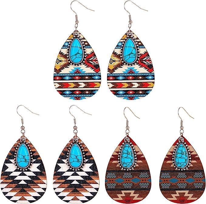 Amazon.com: Western Cowgirl Wooden Earrings Set Boho Aztec Pattern Turquoise Earrings Handmade Wo... | Amazon (US)
