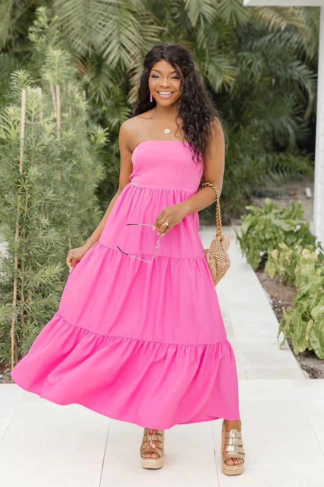 Rays Of Radiance Hot Pink Strapless Tiered Midi Dress | Pink Lily