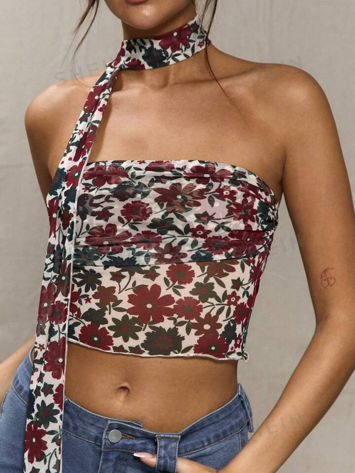 MUSERA Floral Mesh Neck Tie Bandeau Top | SHEIN