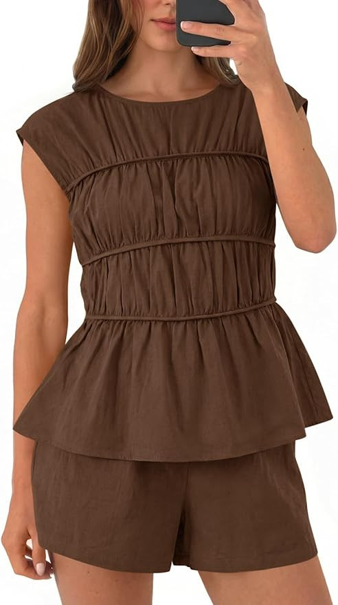 Tankaneo Womens Summer Smocked 2 Piece Short Sets Cap Sleeve Babydoll Peplum Blouse Casual Matchi... | Amazon (US)