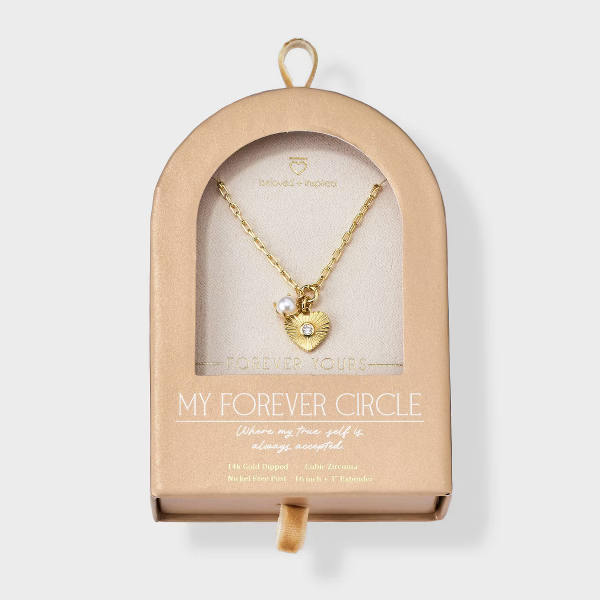 Beloved + Inspired 14K Gold Dipped Cubic Zirconia Heart and Pearl Charm Necklace - Gold | Target