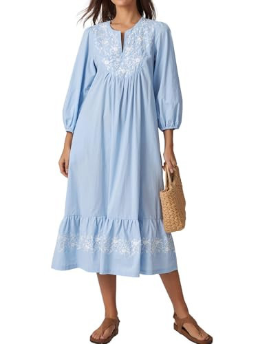 EZAPINE Women Embroidered Spring Midi Dress 2026 Summer V-Neck 3/4 Sleeve A-Line Flowy Dress with Belt Blue L | Amazon (US)