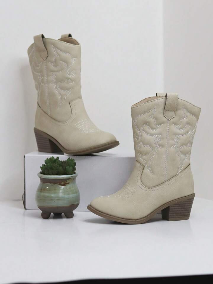 Fashionable Comfortable Embroidered High Heel Slip-on Kids' Boots | SHEIN