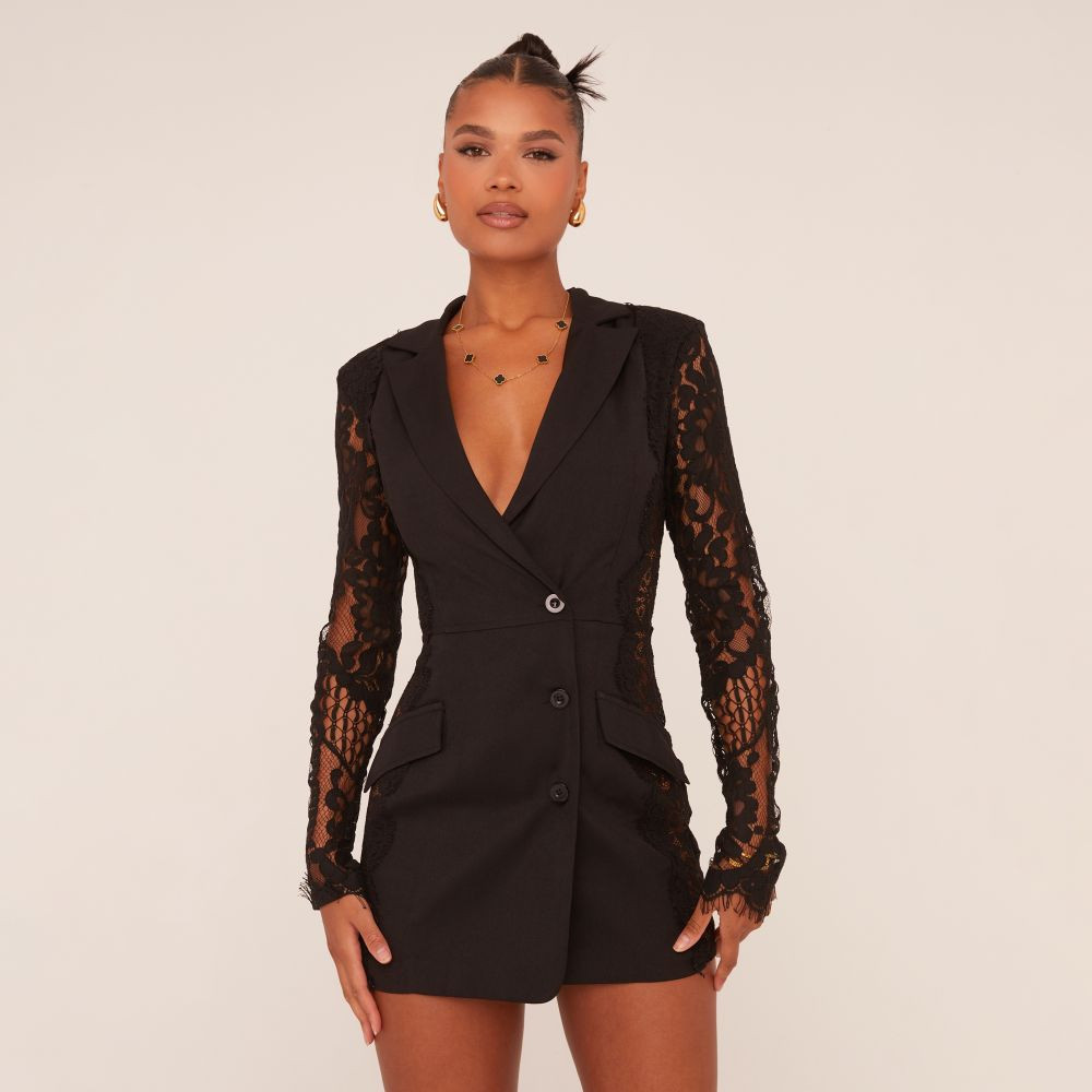 Long Lace Sleeves Blazer Dress In Black Woven | EGO Shoes (US & Canada)