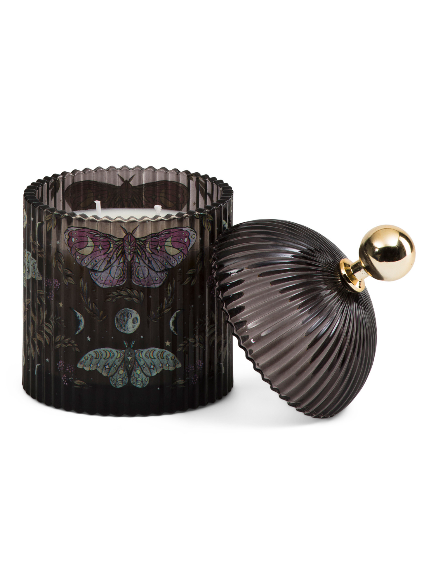 12.7oz Moths And Stars Ribbed Glass Candle With Dome Lid | TJ Maxx