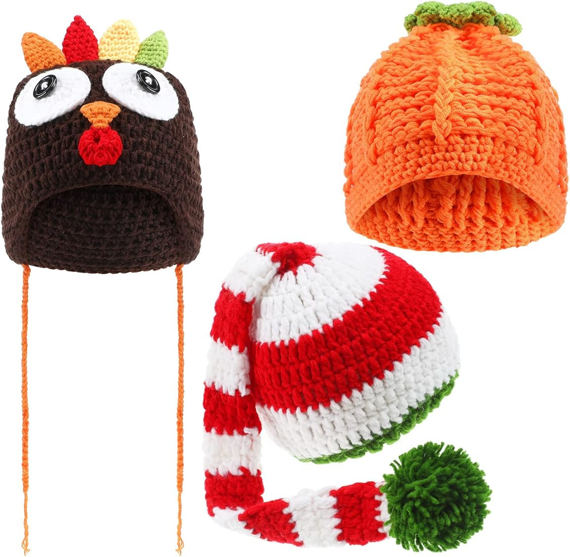 3 Pieces Halloween Baby Crochet Beanie Set, Pumpkin Knit Hat Turkey Hat Elf Long Tail Caps for 3-6 M | Amazon (US)