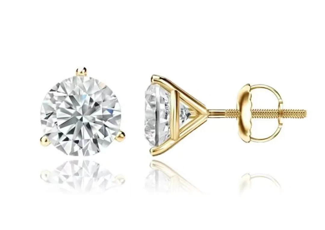 14K Solid Gold Solitaire 3 Prong Heavy Martini Setting Studs Screwback Martini Studs CZ or Moissa... | Etsy (US)