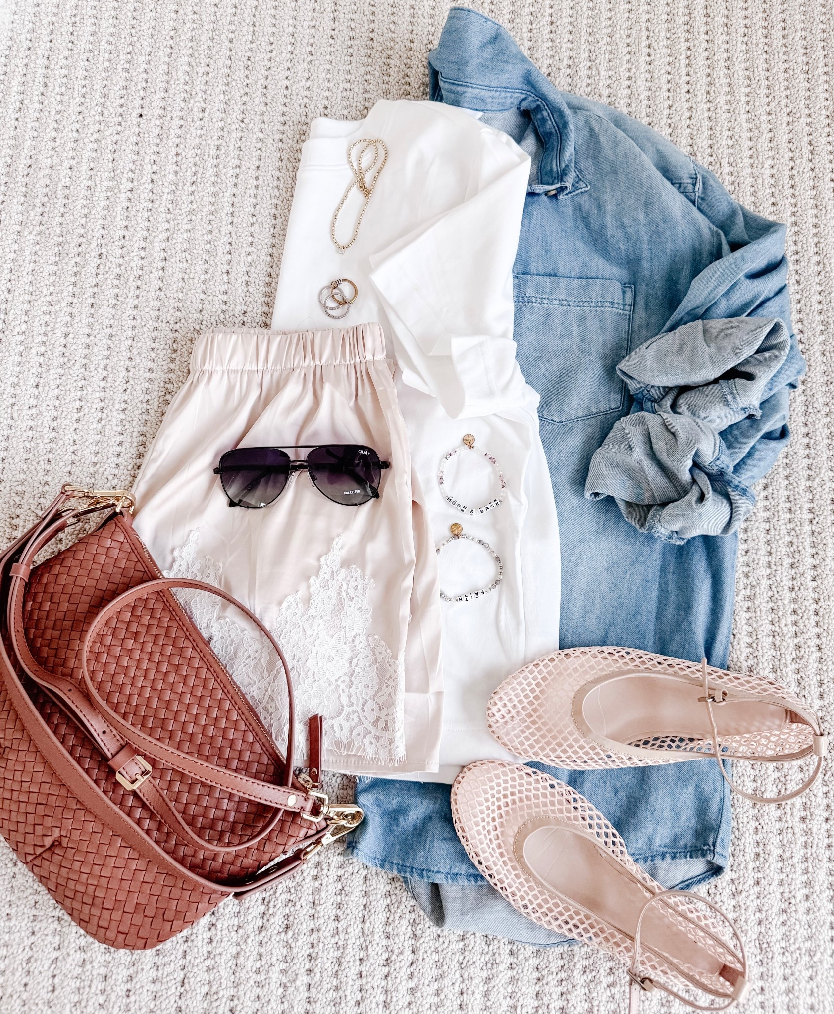 Effortless spring outfit idea you’ll wear on repeat featuring a neutral capsule wardrobe look with a denim shirt jacket, white tshirt, reformation dupe lace trim shorts and mesh flats for a chic everyday outfit that’s easy to style for spring and warm weather. These elevated basics are perfect for casual outfits, travel outfits, and everyday wear with affordable fashion finds you can mix and match all season long. Follow me on LTK for daily fashion, home decor and Amazon finds.

#LTKootd #LTKSaleAlert #LTKPetite