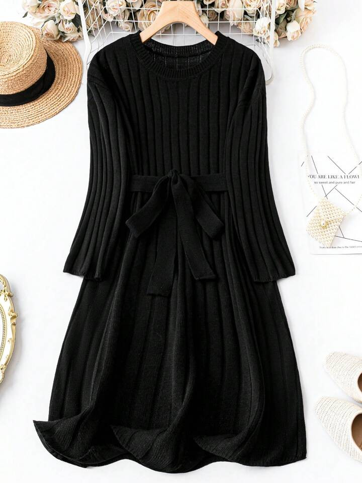 Plus Solid Ribbed Knit Belted Sweater Dress | SHEIN