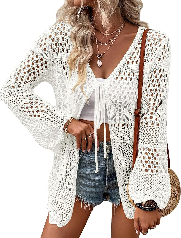 Women's Crochet Cardigan Light Weight Long Sleeve Tie Front Hollow Out Thin Cardigan | Amazon (US)