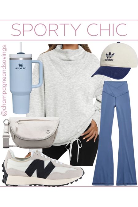 A cute sporty chic outfit idea! Perfect for a sports mom outfit, running errands, or an actual workout outfit - this gray pullover paired with fun blue flared leggings, adidas hat, Stanley cup, new balance 327 sneakers, and lululemon belt bag is the perfect athletic wear for winter!

#LTKfitness #LTKstyletip #LTKSeasonal