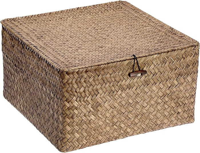 BTSKY Wicker Storage Basket with Lid, Seagrass Basket for Shelf, Extra Large Natural Woven Basket... | Amazon (CA)