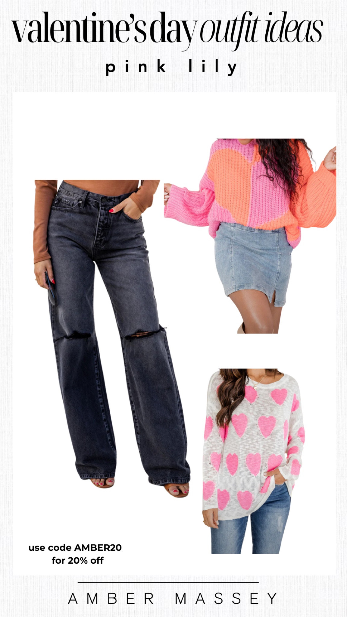 Valentine outfit idea from Pink Lily. My favorite black denim paired with some of Pink Lily’s  Valentine sweaters.

Use code AMBER20 for 20% off.

#LTKstyletip #LTKfindsunder50 #LTKSeasonal