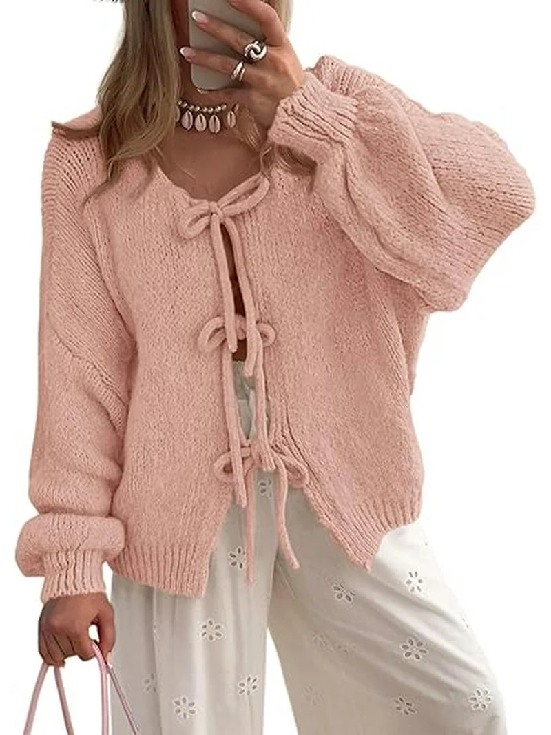 PRETTYGARDEN Women's Tie Front Bow Cardigan Sweaters Chunky Knit Long Puff Sleeve Trendy Fall Win... | Walmart (US)