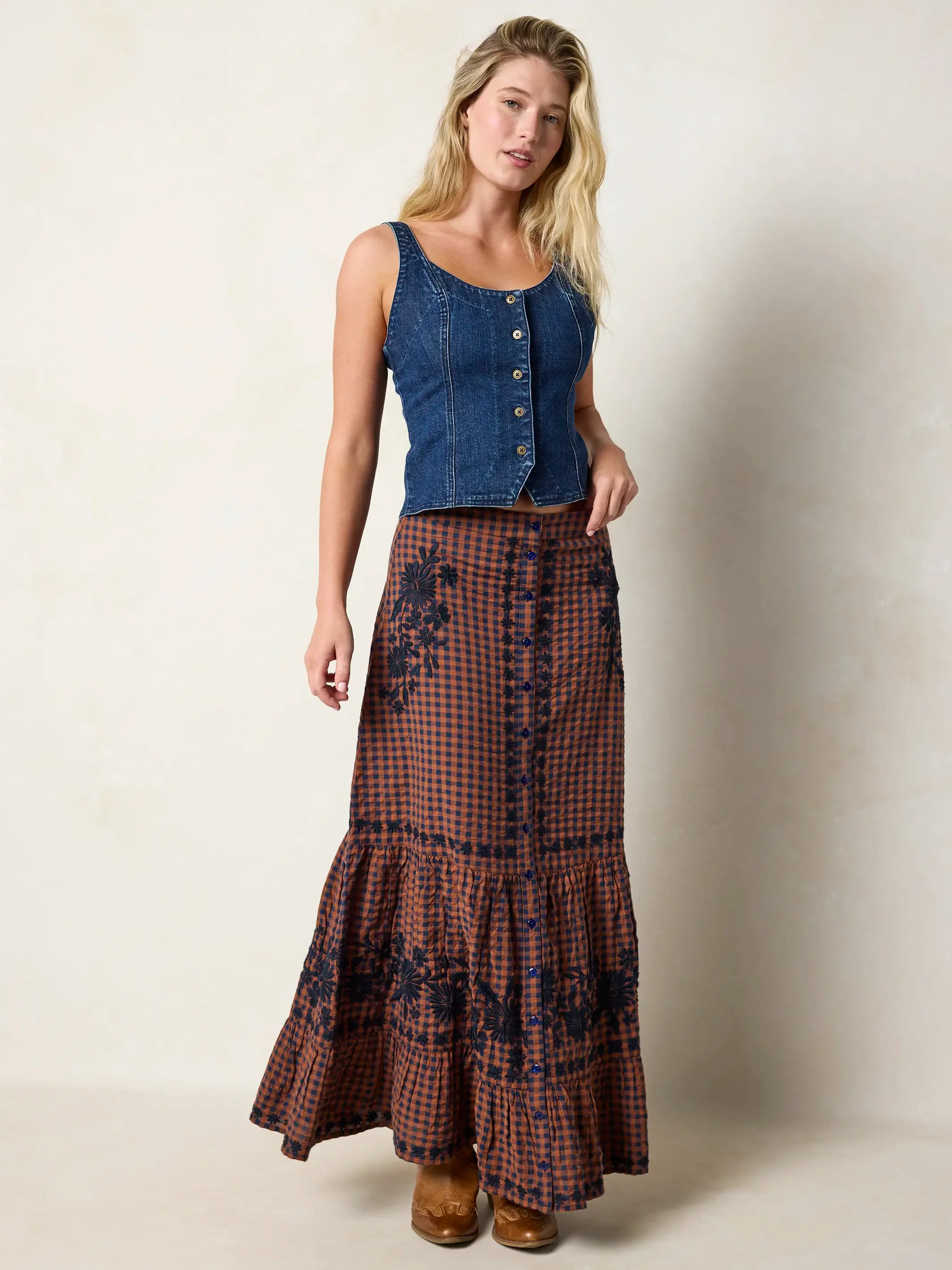 Free Fallin' Embroidered Cotton Maxi Skirt - Rust Gingham | Natural Life